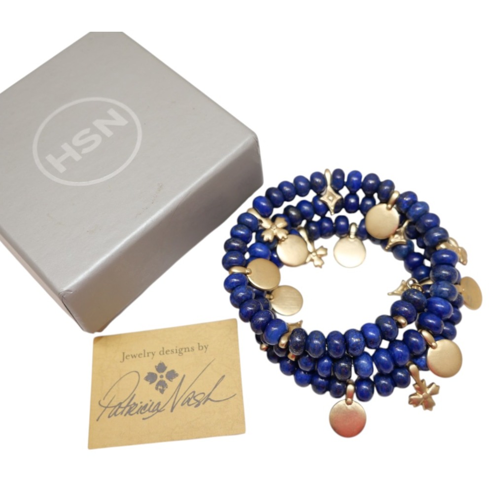 Patricia Nash Lapis Blue Beaded 3 Strand Charm Bracelet Gold Tone HSN Box 6.5"